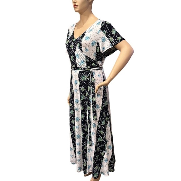 Du Jour Surplice Top Maxi Dress 2X Navy White Dotted Floral Stripe Short Sleeves - Picture 4 of 13